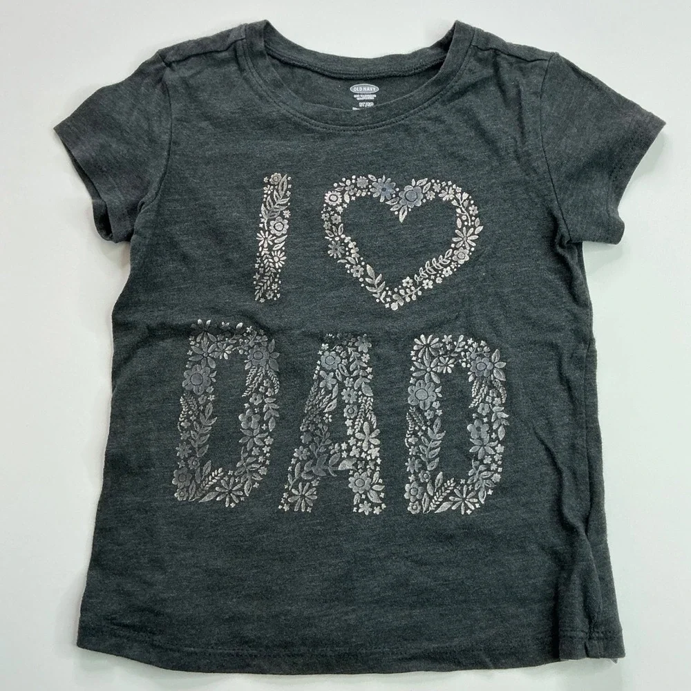 Old Navy Gray I Heart Dad T-Shirt Kids 5T Floral Silver Foil Graphic Tee